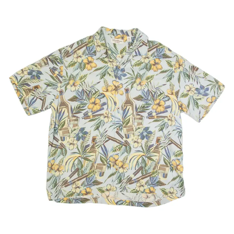 CARIBBEAN SILK BLEND Mens Hawaiian Shirt Blue Silk Floral XL