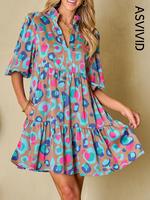 Women's All Over Print Frill Trim Ruffle Hem Smock Dress, Elegant Lantern Sleeve Notched Neck Dress for Spring & Fall, Dresse...