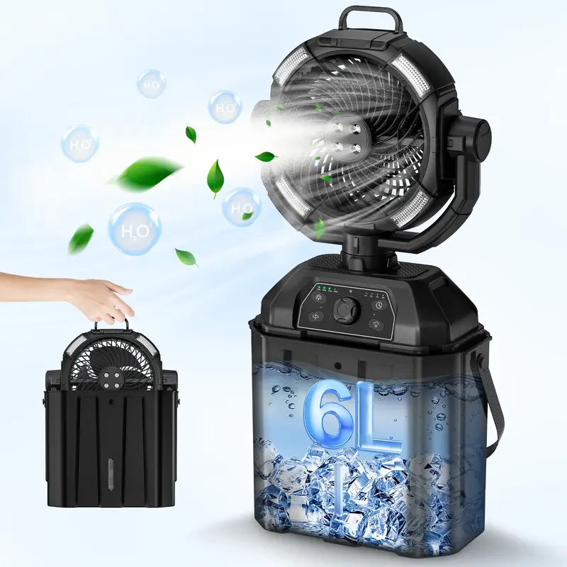 YoungSa Portable Camping Misting Fan with 6L Bucket 32000mAh Rechargeable Multifunction Fan,Infinitely variable speed,4 Spray...