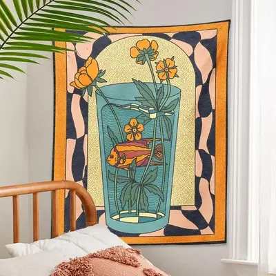 Vintage Flower & Fish Printed Tapestry Decoration, 1 Count Boho Artwork Posters Decorative Hanging Blanket for Home Decor,...