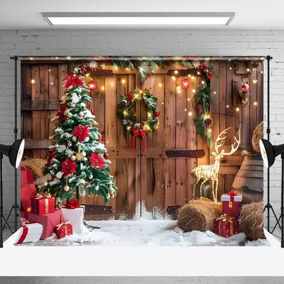 Aperturee Barn Door Reindeer Lights Garland Christmas Backdrop