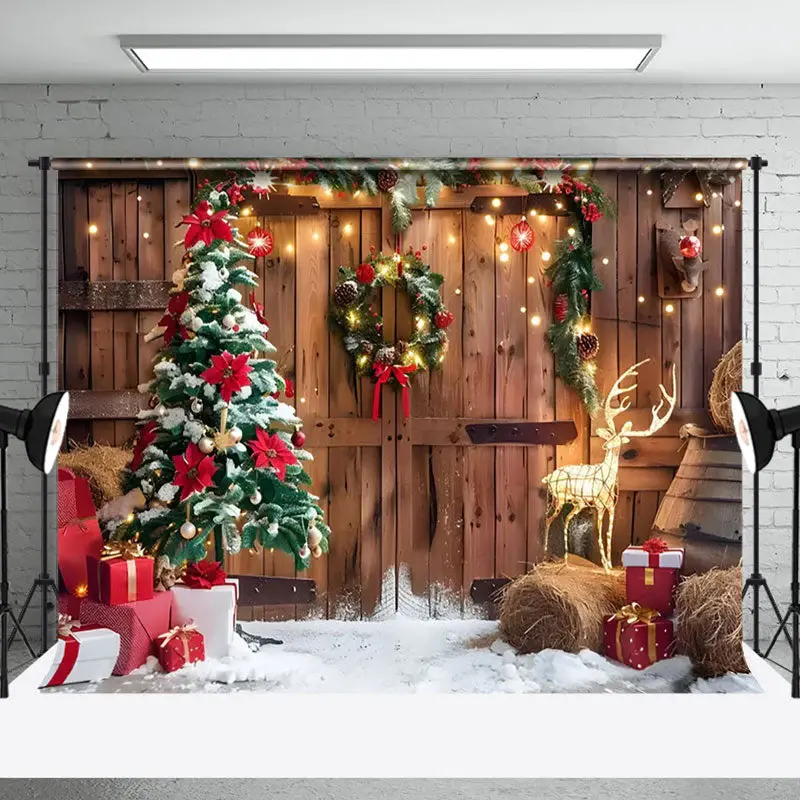Aperturee Barn Door Reindeer Lights Garland Christmas Backdrop