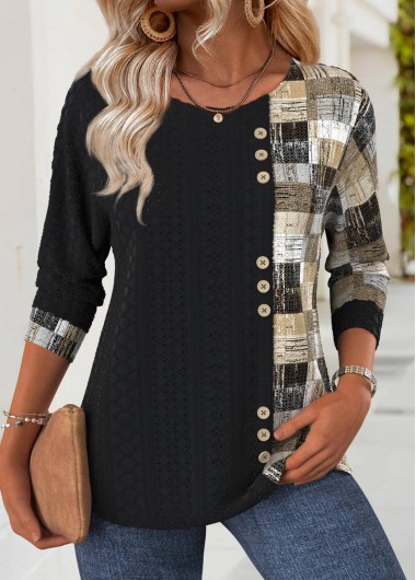 Modlily Black Geometric Print Long Sleeve Round Neck T Shirt - L