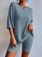 Two-piece Set Women's Solid Ribbed Tee & Shorts Pajama, Casual Comfy Round Neck Half Sleeve T-shirt & Shorts Pajama Set, Ladi...