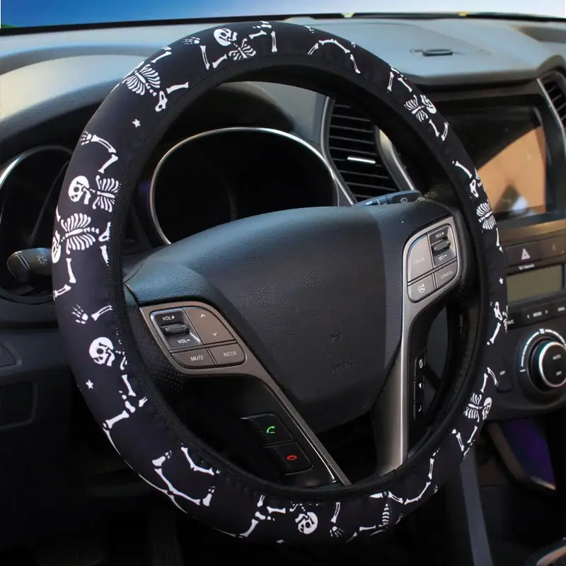Car Steering Wheel Cover, Skull Pattern Steering Wheel Cover without Inner Ring, Universal Non-slip Elastic Cover for 36cm St...