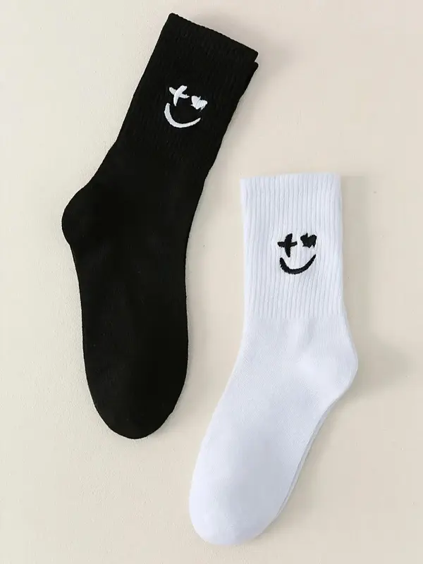 Men's Cartoon Pattern Crew Socks, Smiley Face Design, Comfortable Mid-Calf Socks for Daily Wear, Casual Style