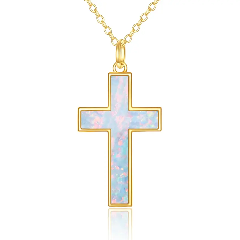 14K Gold Opal Cross Pendant Necklace