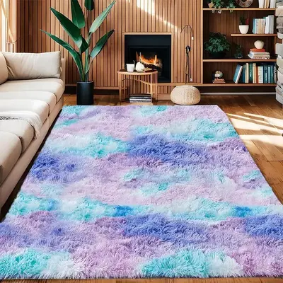 Tie Dye Fluffy Rugs for Living Room, 1 Count Non Slip Soft Comfortable Floor Mat, Summer Easy To Clean Decorative Rug for Hom...