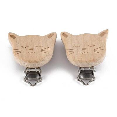 Beech Wood Kitten Baby Pacifier Holder Clips