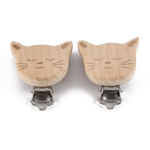 Beech Wood Kitten Baby Pacifier Holder Clips
