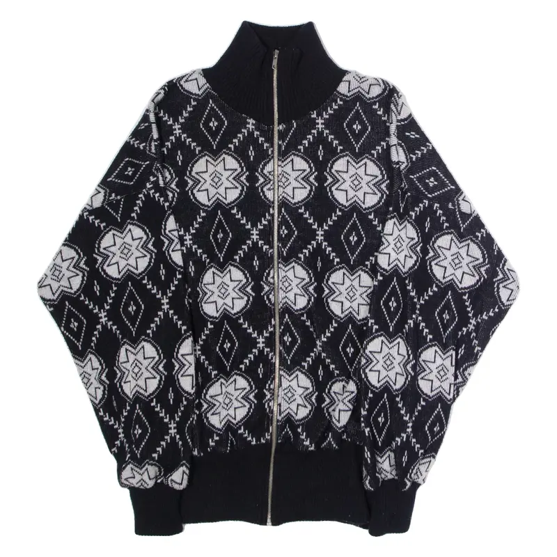 PRO FEEL Mens Patterned Cardigan Black High Neck 80s Tight Knit XL