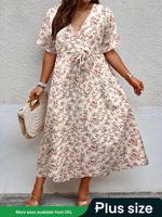 【Plus Size】 Floral Print Tie Waist V Neck Dress, Casual Short Sleeve Dress for Summer, Women's Clothes for Daily Wear, Bo...