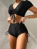 Two-Piece Set Women's Solid Ruched Drawstring Skinny Summer Swimsuit Set, Swimsuit Sets Bathing Suits for Women, Tummy Contro...