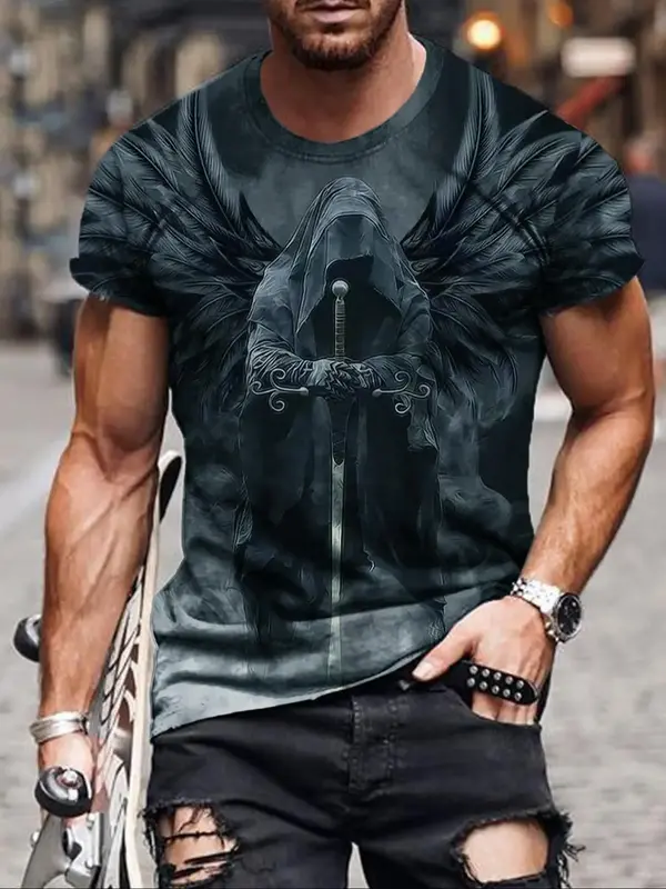 Men's Regular Fit Graphic Round Neck Tee, Short Sleeve Crew Neck T-shirt for Men, Casual Streetwear Top for All Seasons
