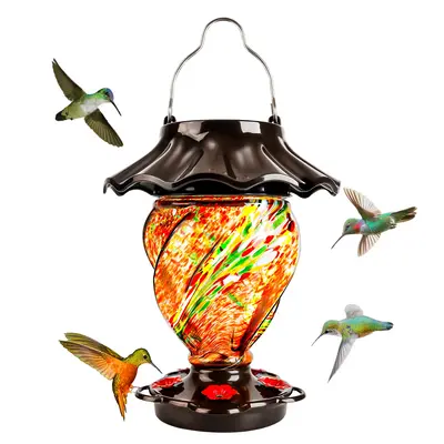 LUJII Solar Hummingbird Feeder for Outdoors Hanging with Color Changing, Hand Blown Glass, 35 fl.oz, Never Leak, Lighted Lant...