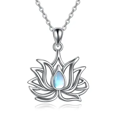 Sterling Silver Pear Shaped Moonstone Lotus Pendant Necklace