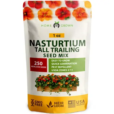 Home Grown Nasturtium Tall Trailing Mix – 250+ Heirloom Seeds | Multicolored Blooms, High Coverage, Easy to Grow