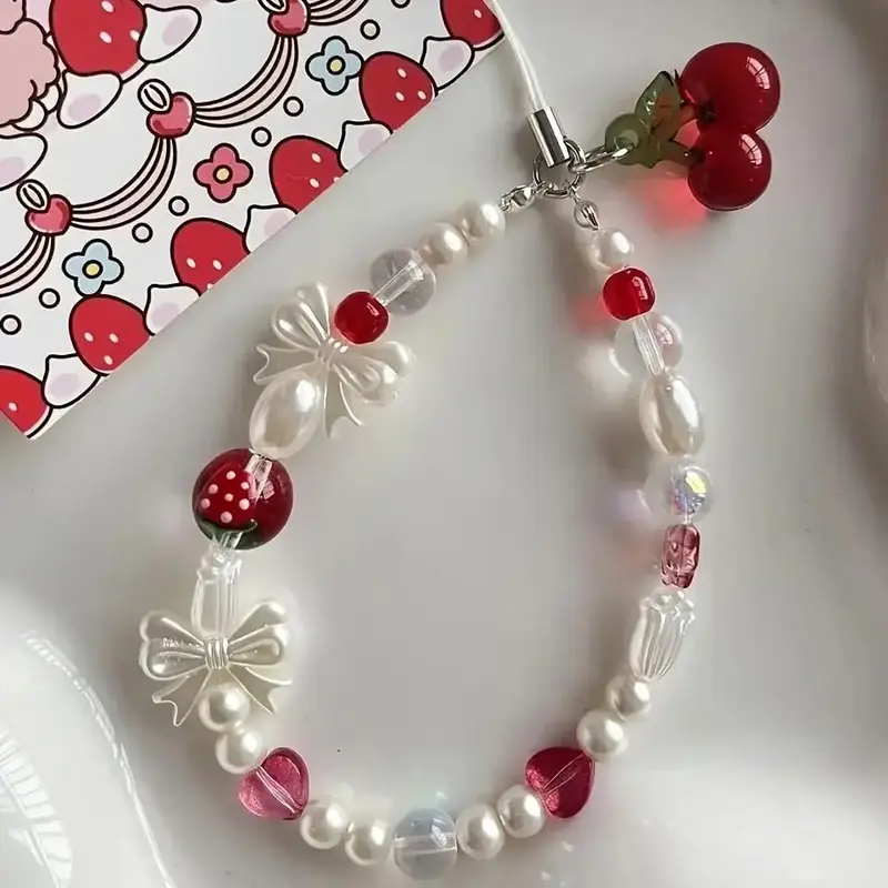 Bowknot Decor Phone Chain, Cute Strawberry & Bowknot Design Phone Lanyard Pendants for iPhone 15 Pro Max, Universal Phone St...