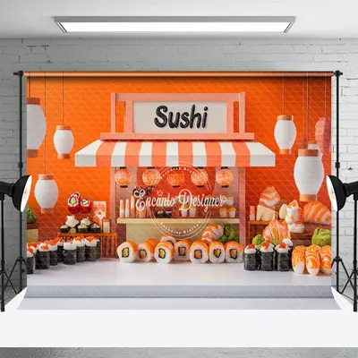 Aperturee Orange Wall Lantern Sushi Store Cake Smash Backdrop, 3X2FT(1MX0.6M), 14 USD, birthday cake smash backdrops, ENHD2J5...