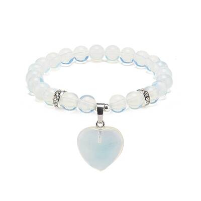 Opalite Round Beaded Stretch Bracelet with Heart Charm