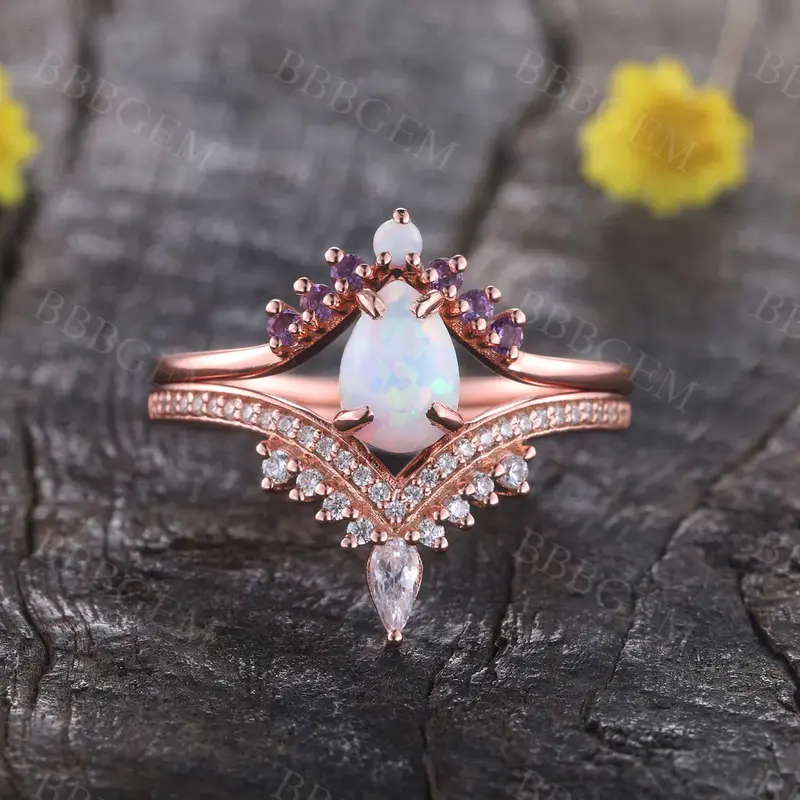 Pear Opal Engagement Ring Set White Opal Wedding Set,3pcs Bridal Set