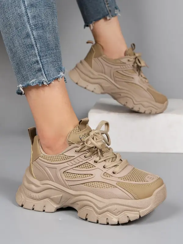 Plain Low-top Summer Women Sneakers, Breathable Girl Summer Footwear, Mesh Sports Shoes, Chunky Trainer, Casual Versatile Ath...