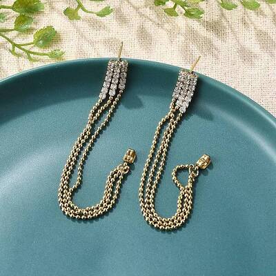 304 Stainless Steel Clear Cubic Zirconia Tassel Stud Earrings