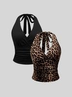Women's Solid Color/leopard Print Tie Shoulder Cami Top, Slim Casual Sleeveless Top for Spring & Fall, Ladies Clothes for Dai...