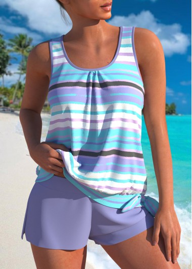 Modlily Bowknot High Waisted Multi Stripe Print Tankini Set - S