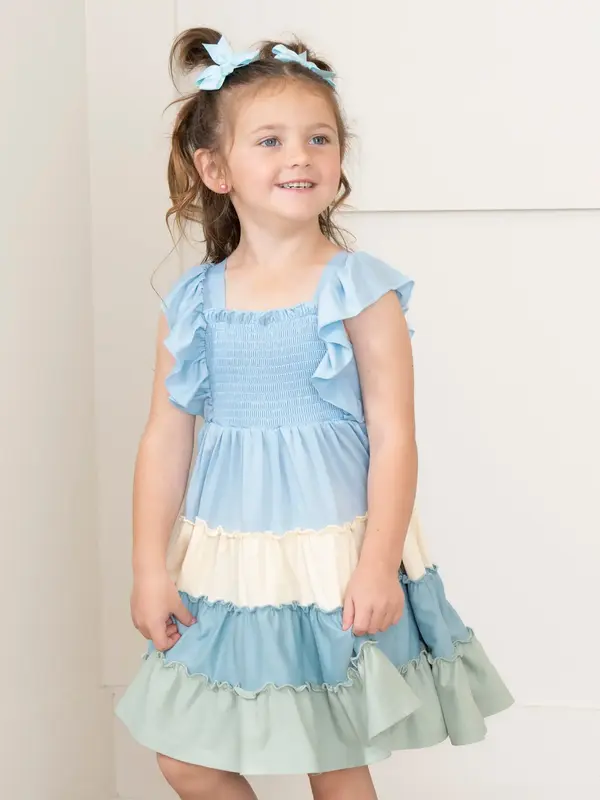 Tiered Color Blocked Blue Dress