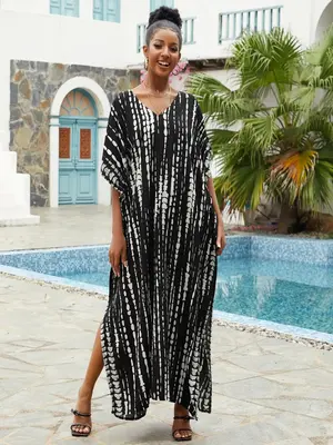 Women's Tie Dye Color Block Batwing Sleeve Split Kaftan, Casual Summer Maxi Dress Loose Caftan, African Eid Clothes