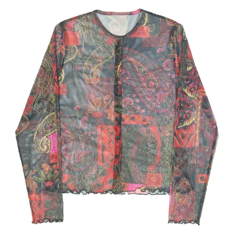 Mesh Sheer Womens Printed Shirt Black Long Sleeve Paisley M