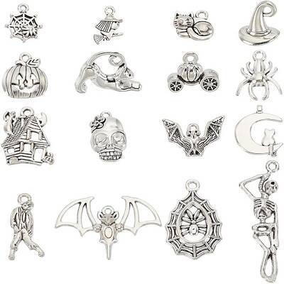 64Pcs 16 Styles Halloween Tibetan Style Alloy Pendants