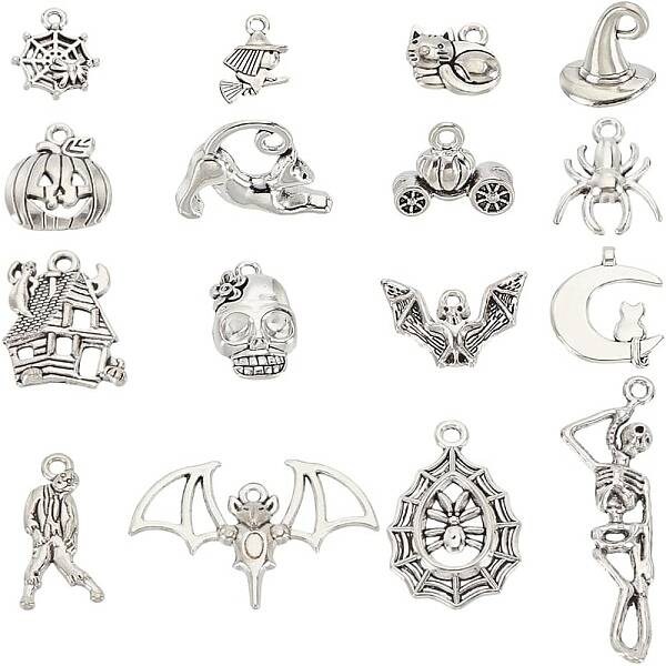 64Pcs 16 Styles Halloween Tibetan Style Alloy Pendants