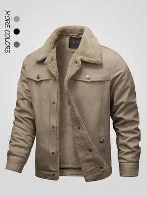 Men's Solid Button Front Pocket Fleece Jacket, Regular Fit Casual Long Sleeve  Thermal Lined Collared Outerwear for Winter, M...