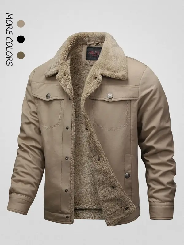 Men's Solid Button Front Pocket Fleece Jacket, Regular Fit Casual Long Sleeve  Thermal Lined Collared Outerwear for Winter, M...