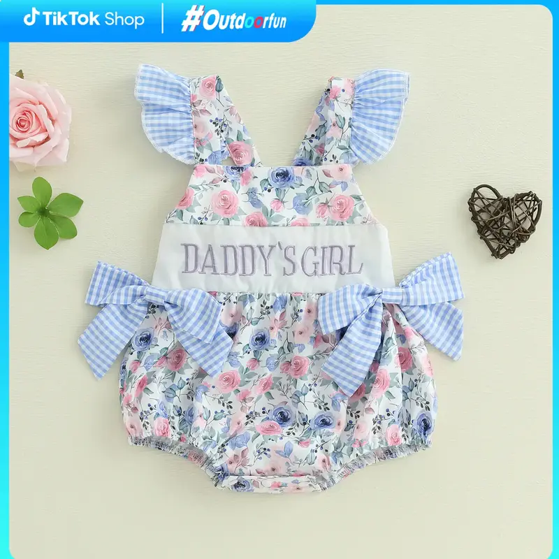 Newborn Baby Girls Romper, Fly Sleeve Outfit Flower Print Embroidery Letters Bow Infant Bodysuit Summer Clothes For Casual Da...