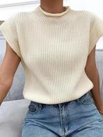 Women's Plain Roll Trim Mock Neck Sweater Vest, Casual Solid Sleeveless Knit Top for Spring & Fall, Clothes Women, Women's K...