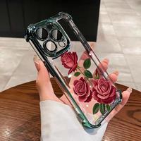 Flower Rose IPhone Transparent Cases | Premium Electroplated TPU Cover | for IPhone 11-16 Series | Full Camera Protection + S...
