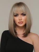 14 Inch Ombre Straight Wigs for Women, Gorgeous Fluffy Wigs with Bangs, Synthetic Full Machine Wigs for Party, Daily Use