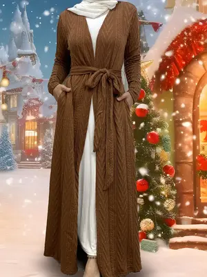 Women's Textured Pocket Belted Cardigan Kaftan, Elegant Long Sleeve Open Front Cardigan for Fall & Winter, Winter Clothes Wom...