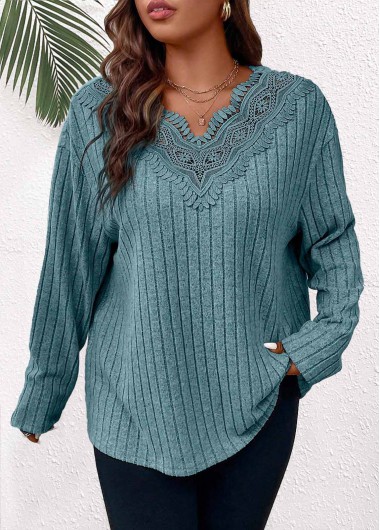Modlily Dusty Blue Patchwork Plus Size Long Sleeve T Shirt - 1X