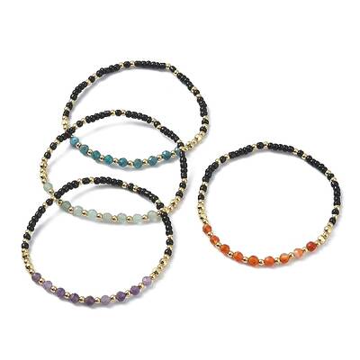 4Pcs 4 Style Natural Mixed Gemstone & Brass Beaded Stretch Bracelets Set