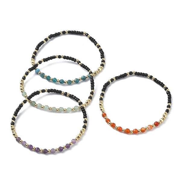 4Pcs 4 Style Natural Mixed Gemstone & Brass Beaded Stretch Bracelets Set
