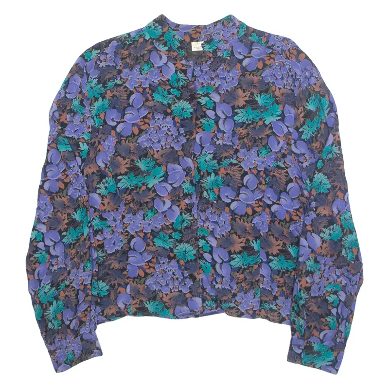 Womens Printed Blouse Blue Button Neck Long Sleeve 90s Viscose Floral L