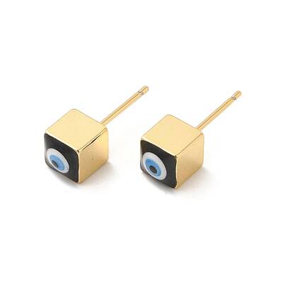 Long-Lasting Plated Cube with Enamel Evil Eye Stud Earring