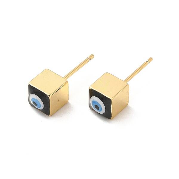 Long-Lasting Plated Cube with Enamel Evil Eye Stud Earring