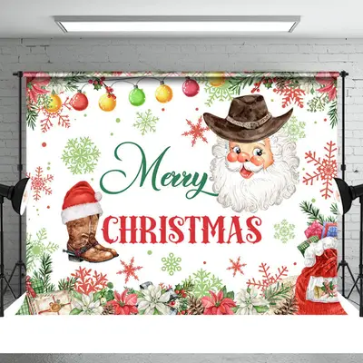 Santa Snow Poinsettia Green Red Christmas Backdrop - Aperturee