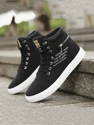 Men's Fashionable Letter Patched Design Lace Up High Top Sneakers, Casual Comfortable Sports Shoes for Outdoor Activities, Ma...