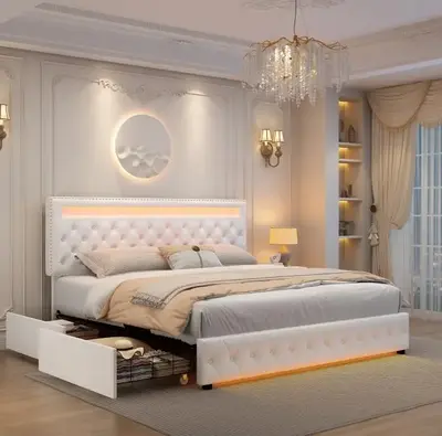 King Size Smart Bed Frame with 4 Drawers, LED Headboard & Footboard, Customizable Colors, PU Leather & Velvet Off-White, Box ...